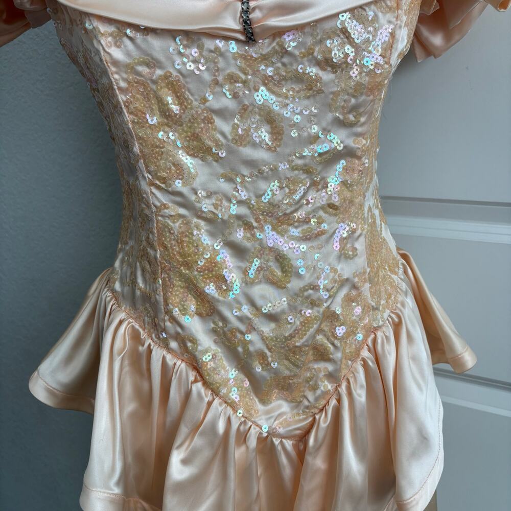 Vtg 90s Zum Zum Prom Dress 11/12 Peach Pink Sequin Peplum Puff Sleeve ILGWU USA - Picture 5 of 16